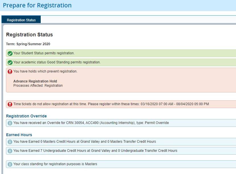 Banner tool with an arrow pointing at "You have holds which will prevent registration" warning message.